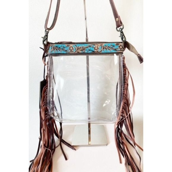 Myra Western Fringe Clear Crossbody Stadium Bag - Hand Tooled Leather - Picture 2 of 6